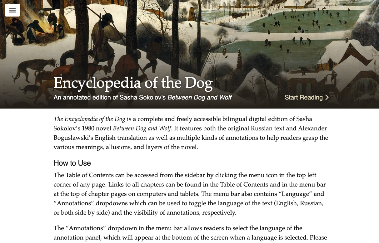 Encyclopedia of the Dog landing page featuring a painting titled, 'Hunters in the Snow' by Pieter Bruegel