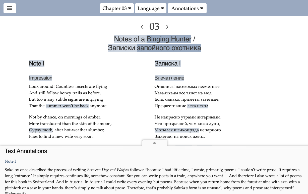 Encyclopedia of the Dog bilingual, annotated layout for a poetry chapter