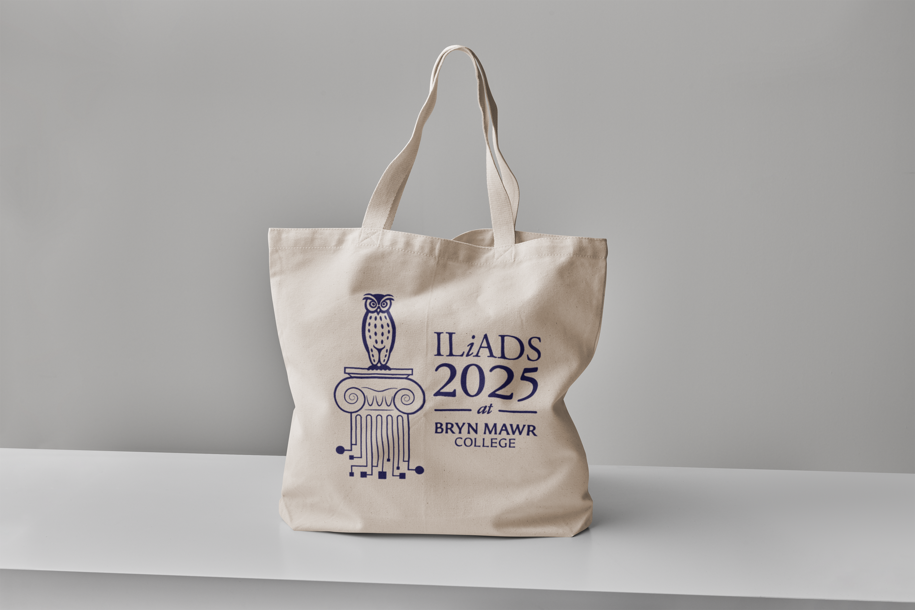 Design for canvas tote bag for the Institute for Liberal Arts Digital Scholarship (ILiADS) 2025 at Bryn Mawr College