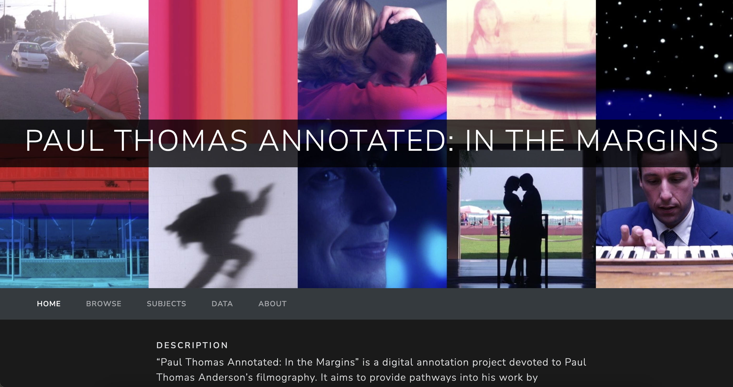 Landing page for Paul Thomas Annotated prototype site with gallery of images from PTA's films